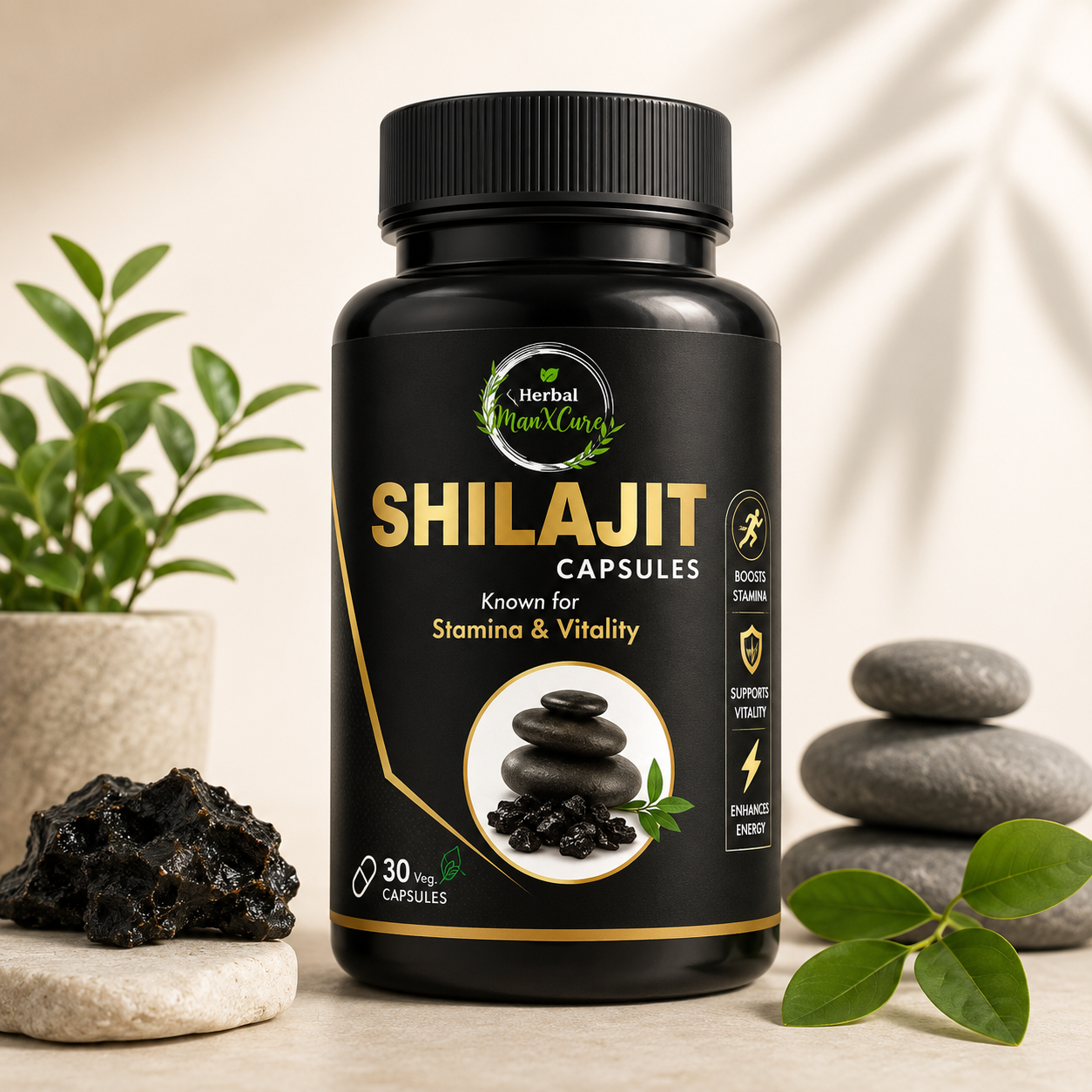 Herbal Man X Cure Shilajit Capsules – 500 mg Fulvic Acid 75% Extract, 30 Veg Capsules