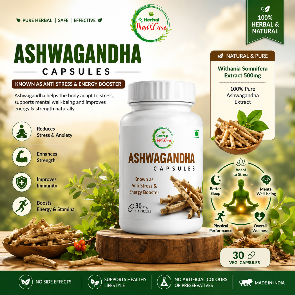 Herbal Man X Cure Ashwagandha Capsules – 500 mg Withania Somnifera Extract, 30 Capsules