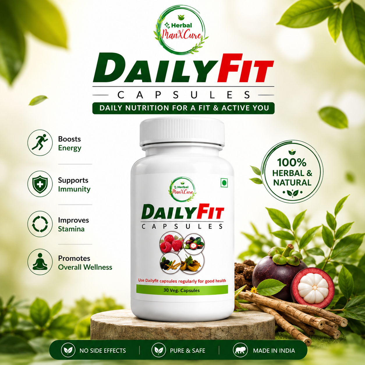Herbal Man X Cure DailyFit Capsules – 450 mg Herbal & Antioxidant Blend, 30 Veg Capsules